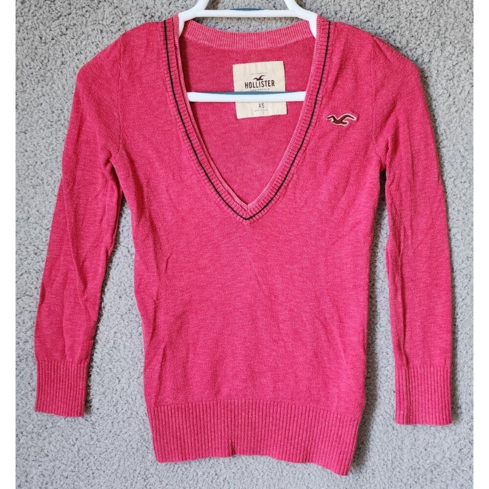 Vtg Y2K Hollister Deep V-Neck 3/4 Sleeve Knit Sweater Top Slim Fitted Pink Sz XS